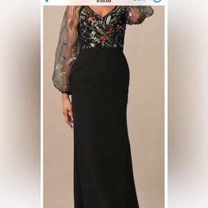 Full length gown with sheer overlay bodice embroidered with delicate flowers